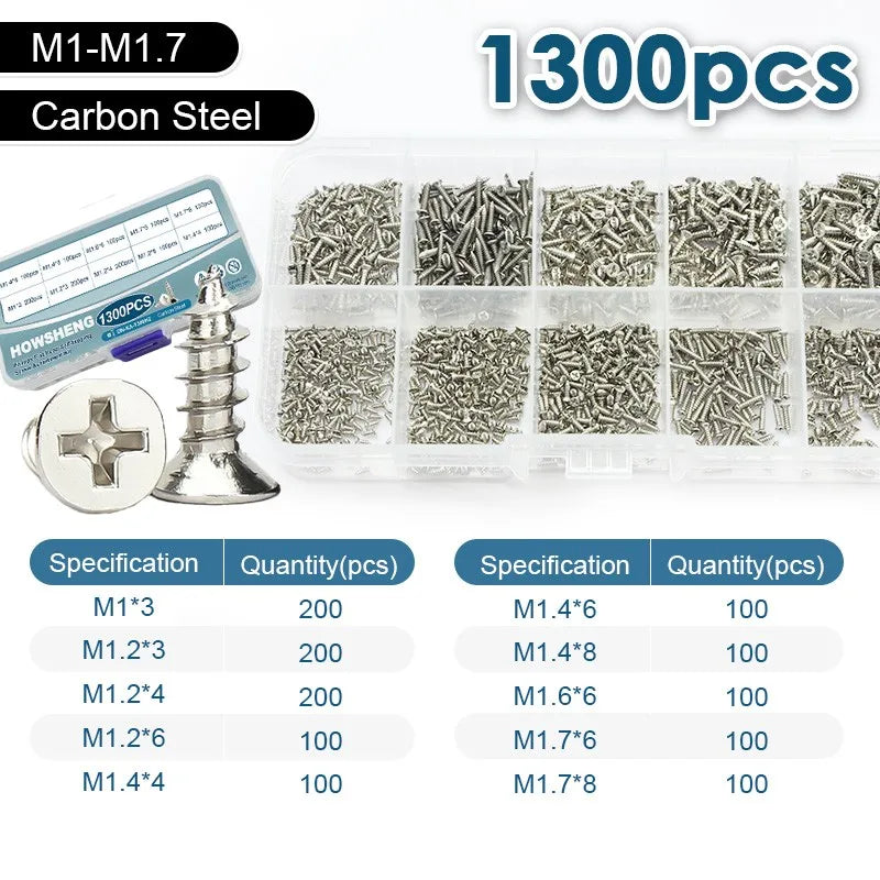 190/450/800/1300pcs Cross Flat Head Self-tapping Screws Set Assortment Kit Nickel Plated M1-M4 Phillips Head Wood Screw