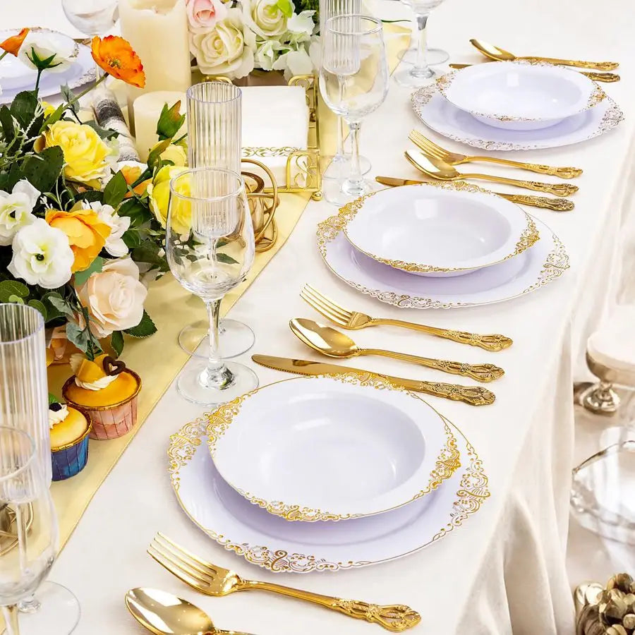 Gold Plastic Bowls 12 oz White Disposable Salad Bowls Heavy Duty Soup Serving Bowl Fancy Plastic Ice Cream Bowl for Parties, Din