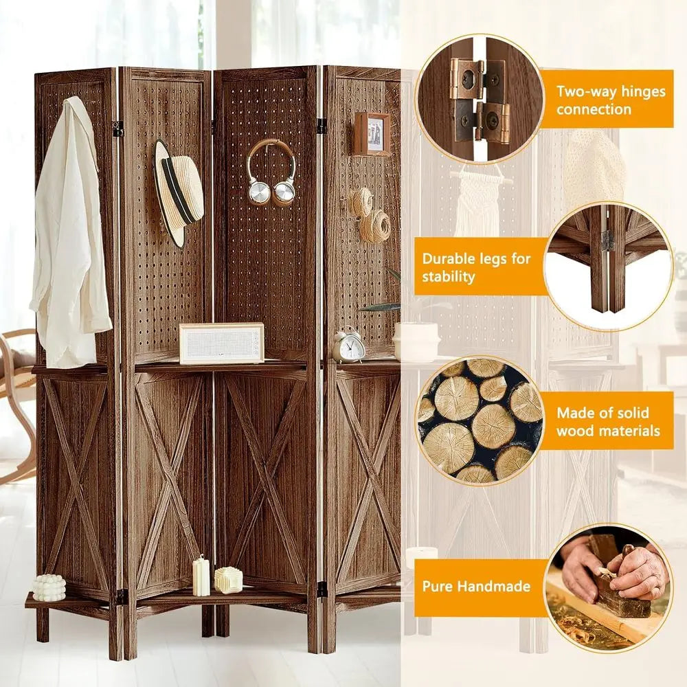 Wooden 6-Panel Pegboard Room Divider with Shelf and 24 Hooks, Ideal for Bedroom or Jewelry Store, Brown
