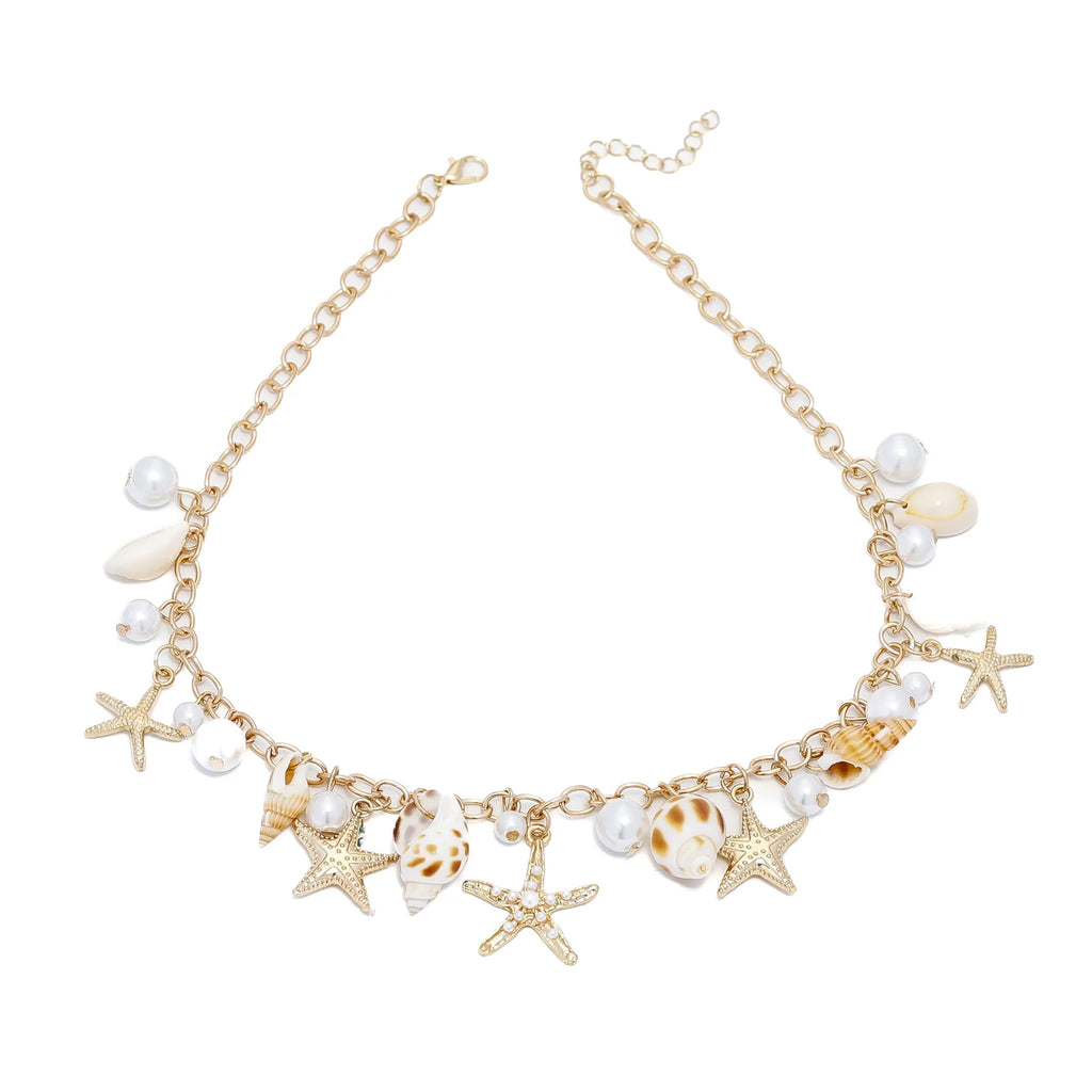 Bohemian style gold color waist chain with seashell and starfish pendant,faux pearl body chain, beach party fashion accessory.