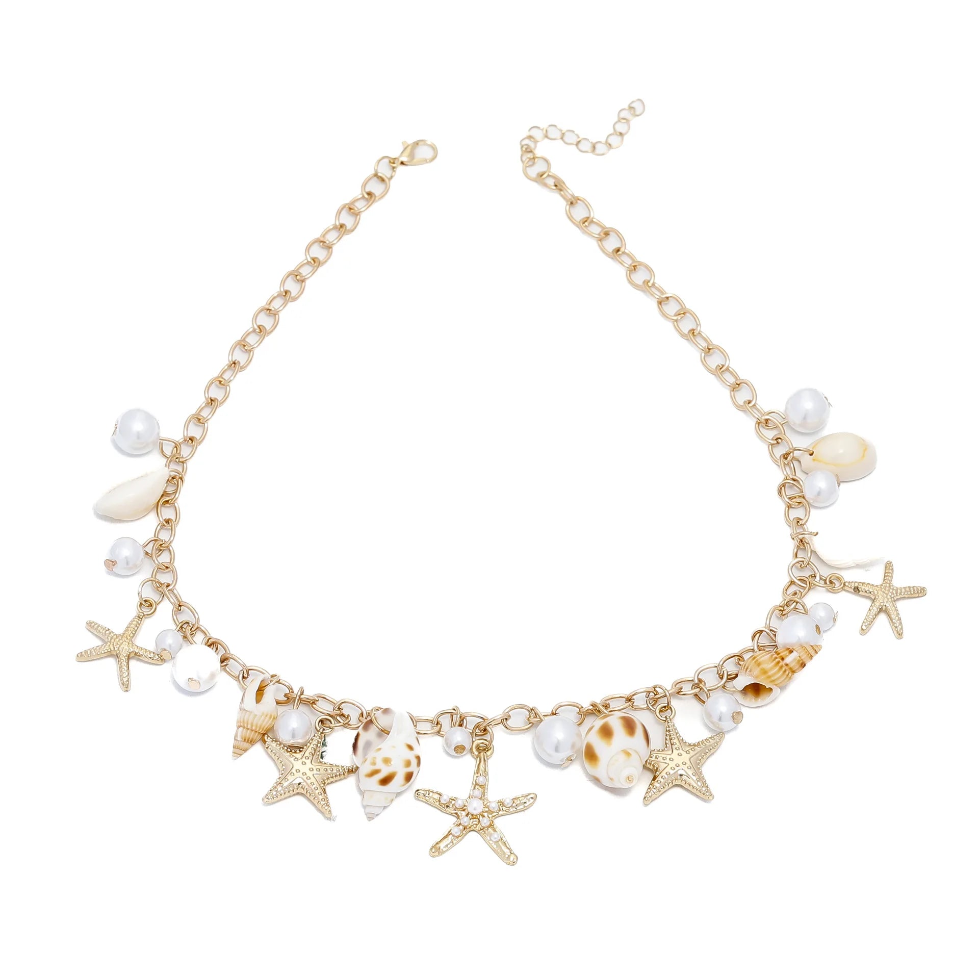 Bohemian style gold color waist chain with seashell and starfish pendant,faux pearl body chain, beach party fashion accessory.