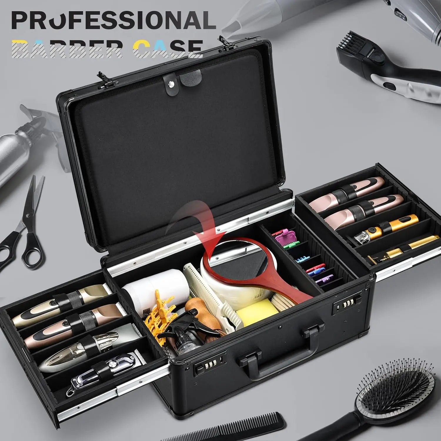 Barber Case with Sliding Tray, Profesional Barbers Briefcase Tool Case for Clippers and Hair Scissors Supplies Travel Suitcase