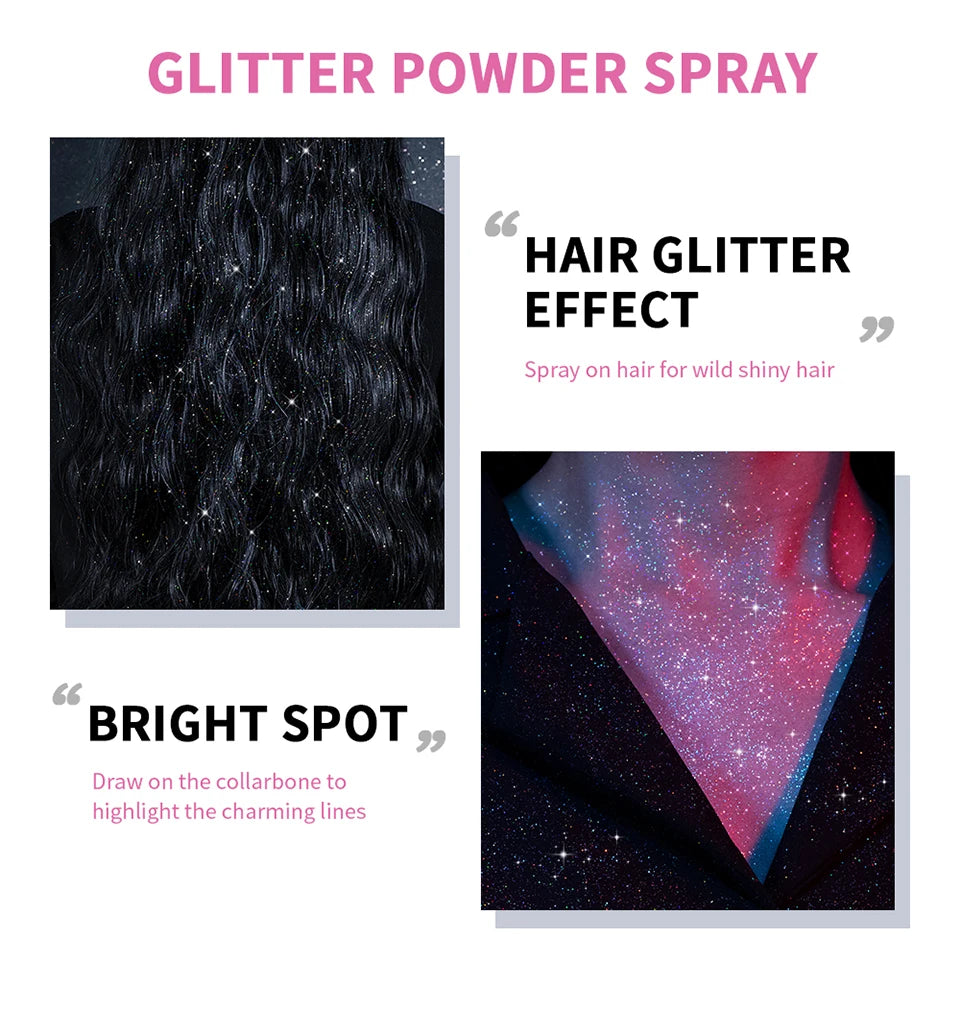 60ml Shiny Silver Glitter Spray High Gloss Glitter Powder Spray Waterproof Shiny Powder Makeup for Body Face Highlight Makeup