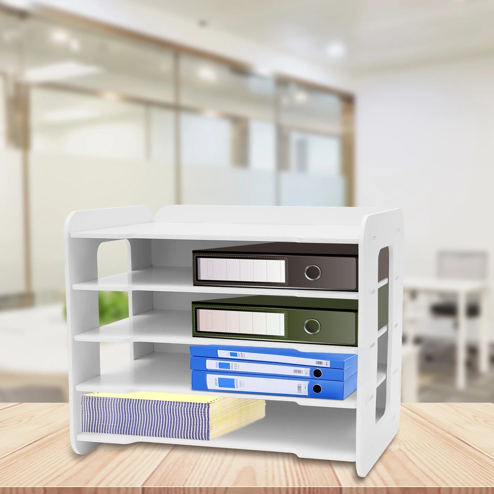 5 Tier PVC Wood-Plastic Desktop Organizer Letter Tray File Rack Stationery Holder Office Desk Storage Shelf with Round Corner