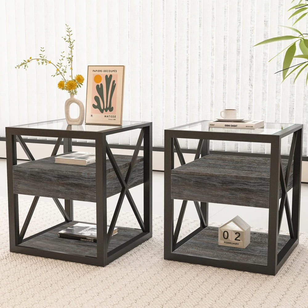Modern coffee table for Bedroom & Living Room, Tempered Glass&Rustic Wood Grain MDF, Industrial Style coffee table