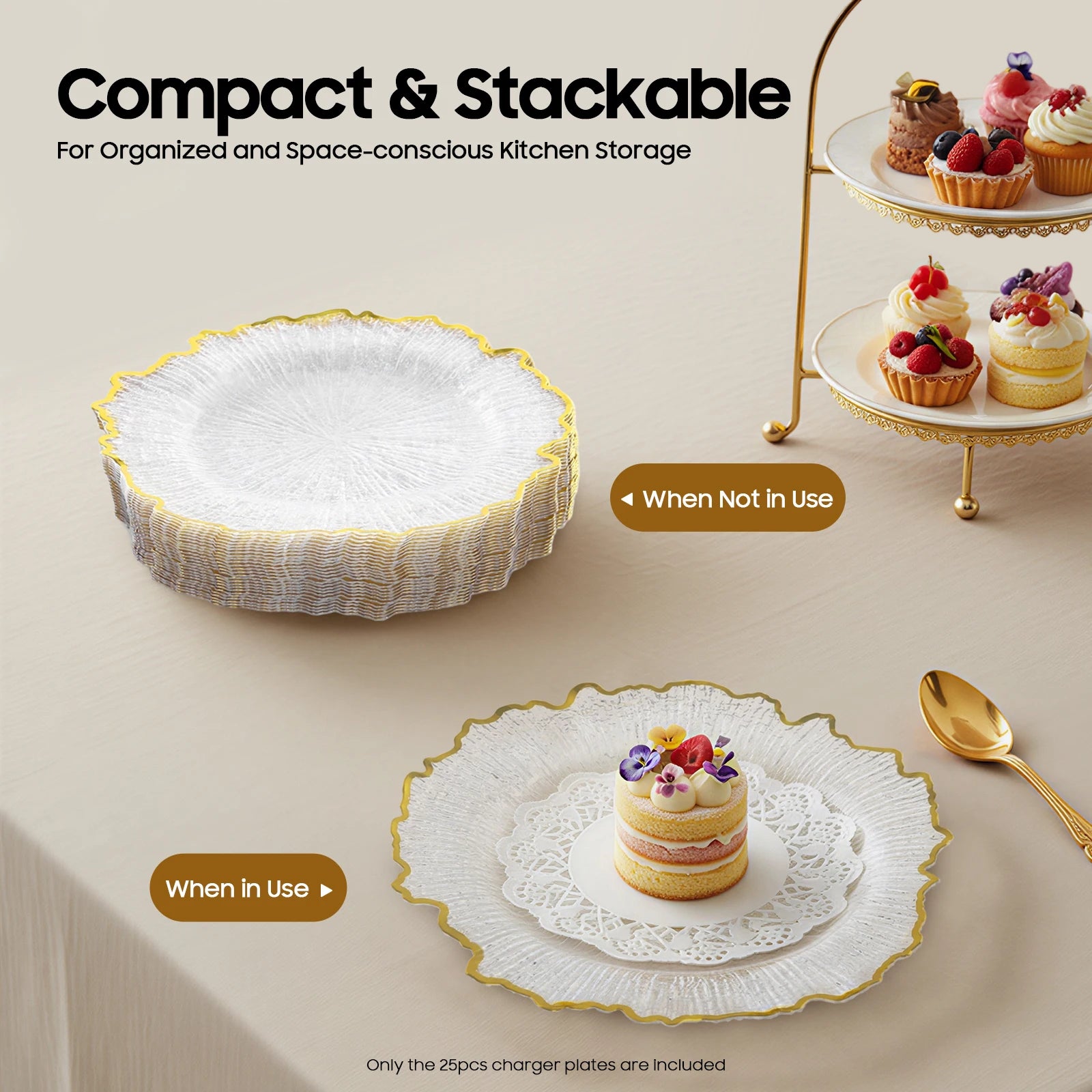 Charger Plate Set of 25 Gold Floral Rim Clear Plastic Serving Charger Plates for Wedding Party Banquet Catering Decoration