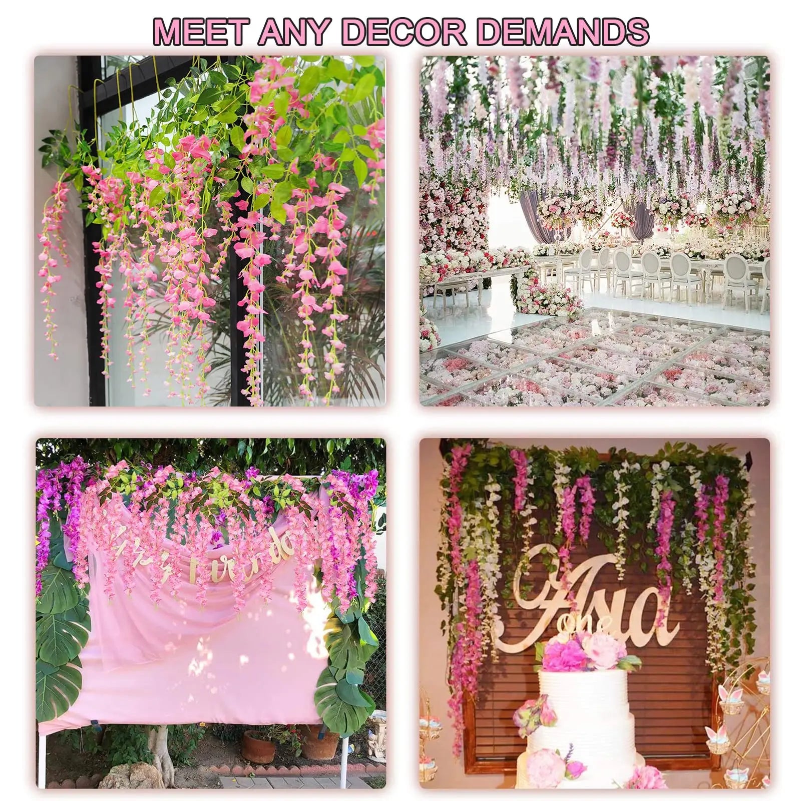 24PCS Artificial Wisteria Flowers Hanging Garland Fake Ivy Vine Flower String for Arch Wedding Party Home Room Decoration Flower
