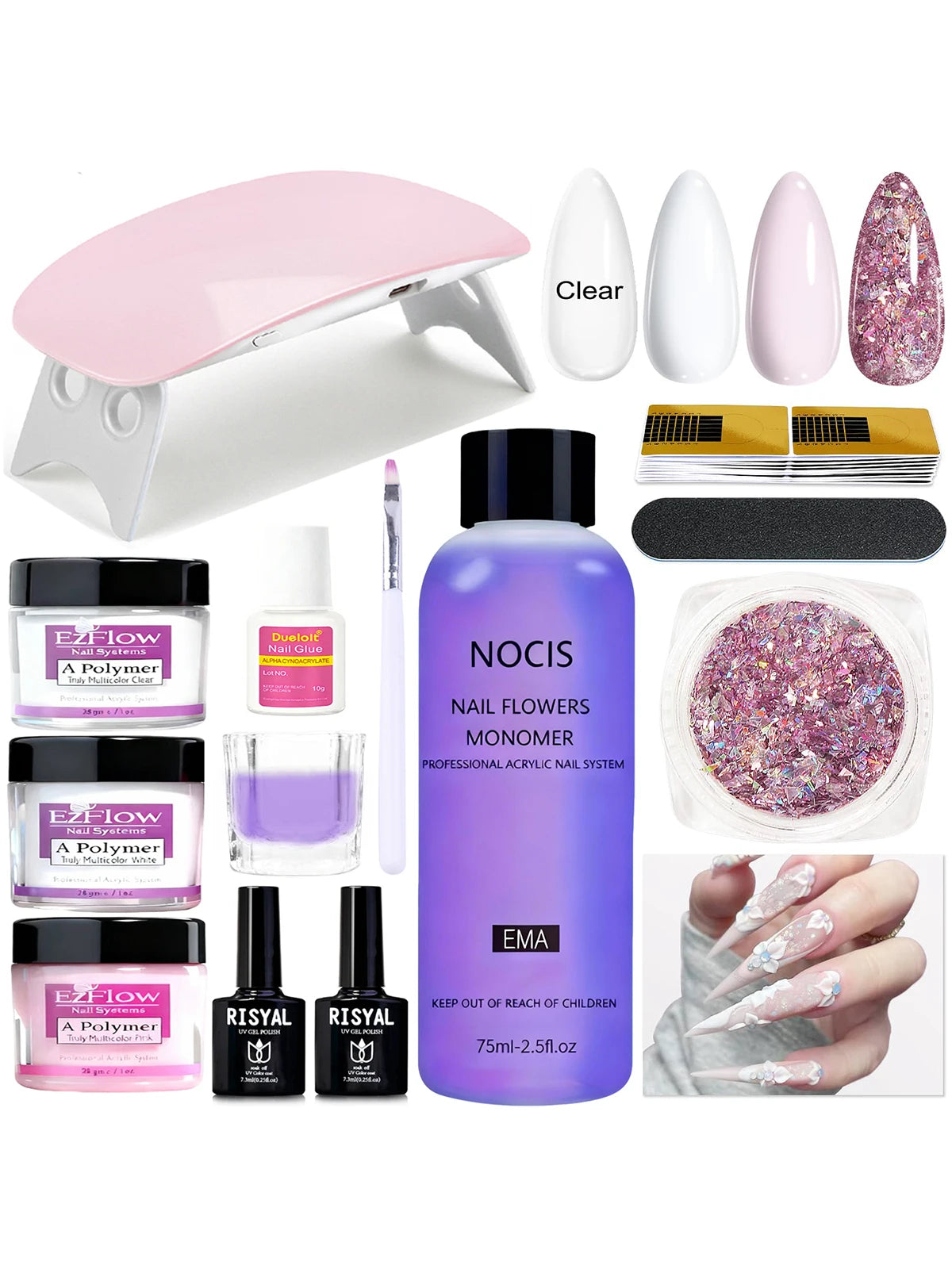 Acrylic Nail Kit ,Clear White Pink 28g Acrylic Powder and 75ml Liquid Set Brush Forms Cuticle Oil Pen Tools Manicure Nails Kit