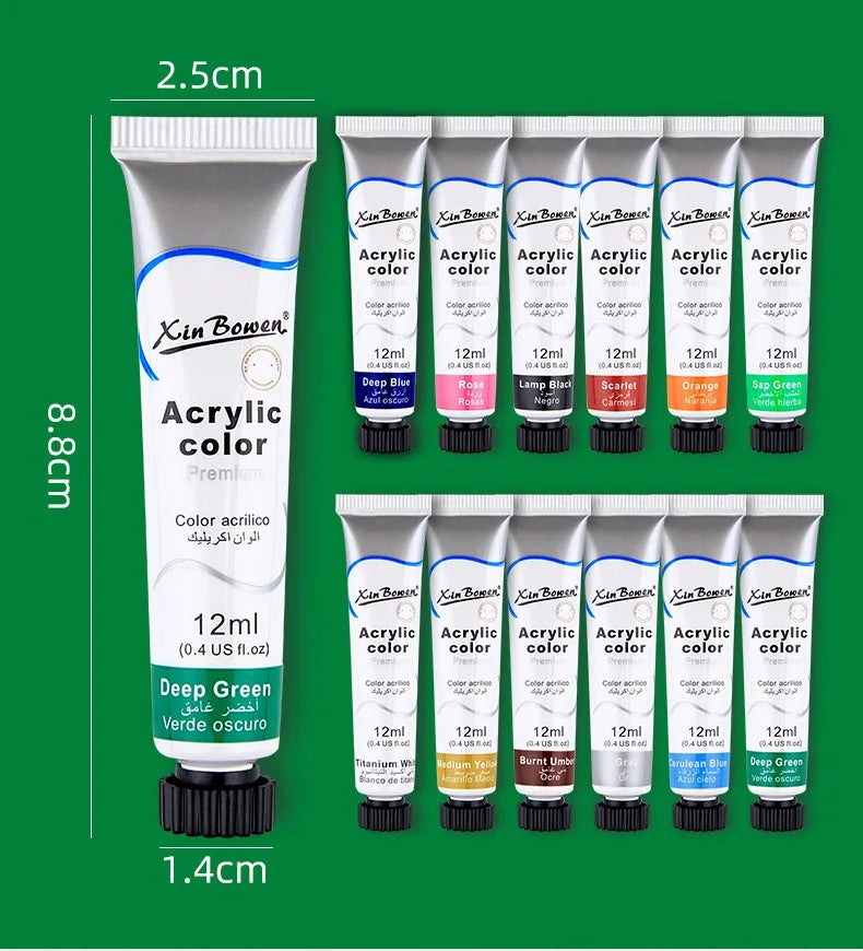 12Color Acrylic Paint Set 12ml Tubes Waterproof Art Supplies for Beginner Artists DIY Painting on Canvas Wall Art Craft Projects