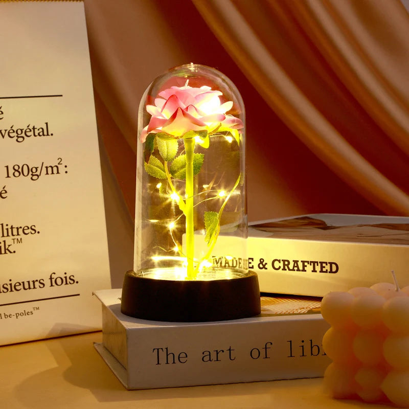 Artificial Rose Flowers LED Light Foil Flower In Glass Cover Eternal Rose Wedding Home Decor Birthday Mother's Day Gift