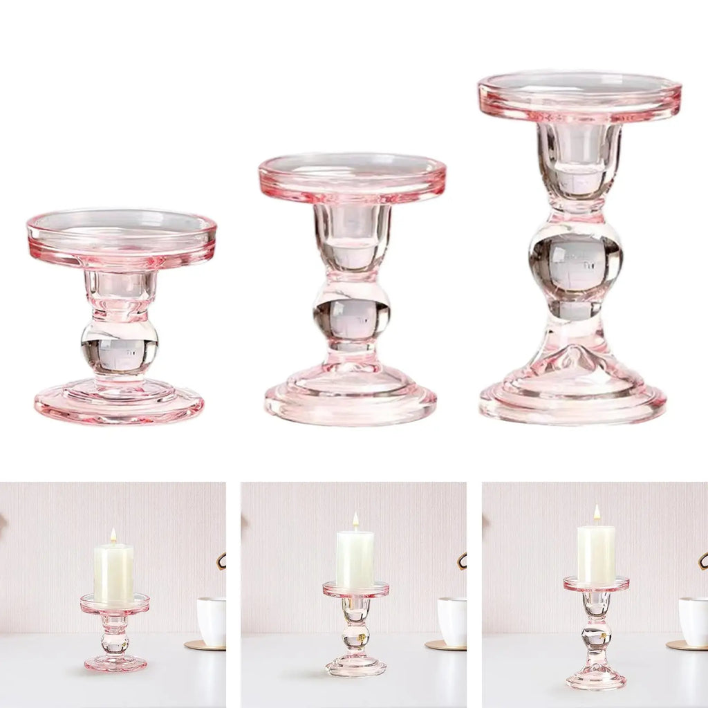 Candle Holder Pink Glass Candlestick Holder Pillar Candle Stand for Valentine's Day Wedding Dining Room Anniversary Festival