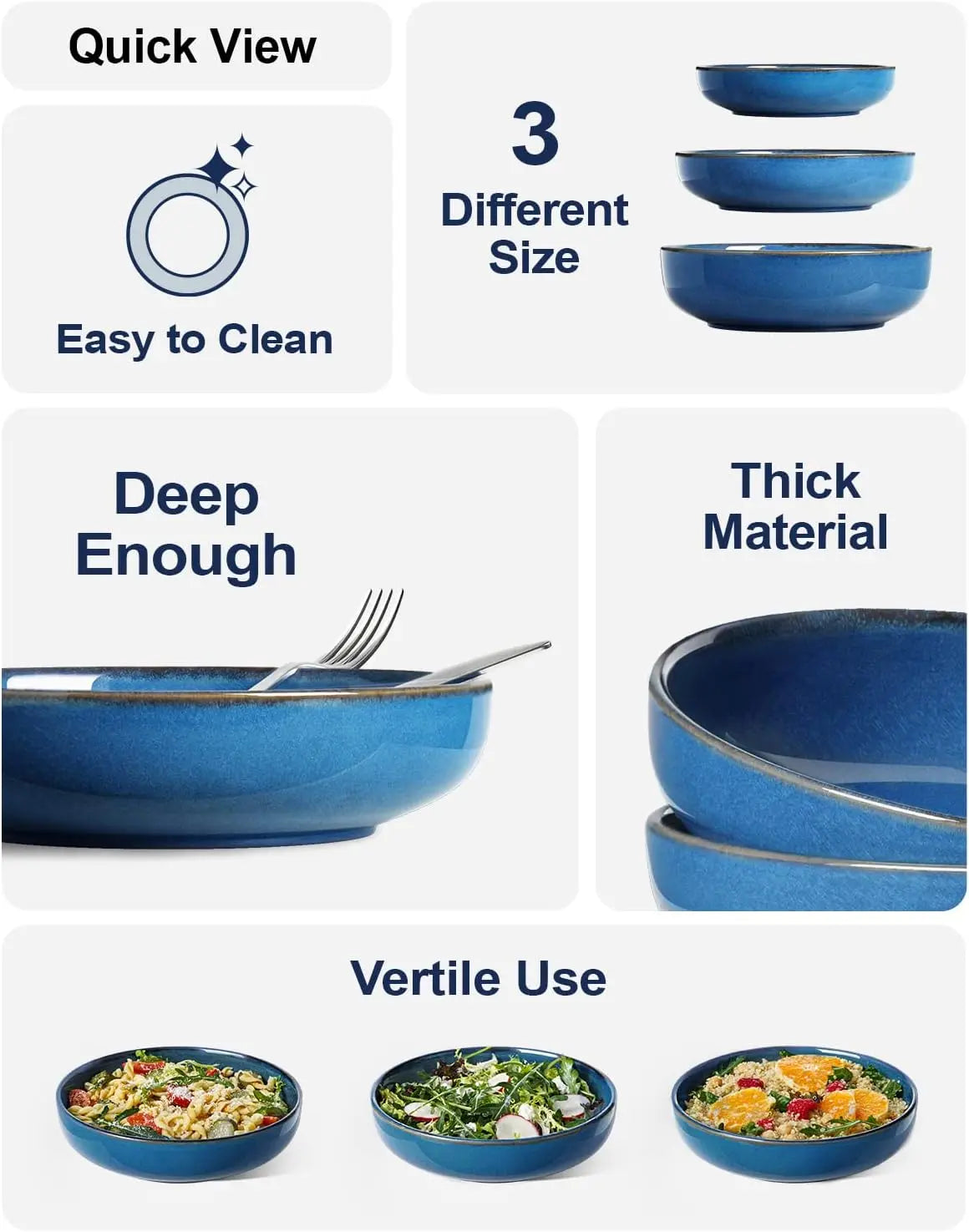 45 Ounce Ceramic Pasta Bowls Set of 4, Large Serving Salad Bowl in Ceylon Blue for Elegant Dining