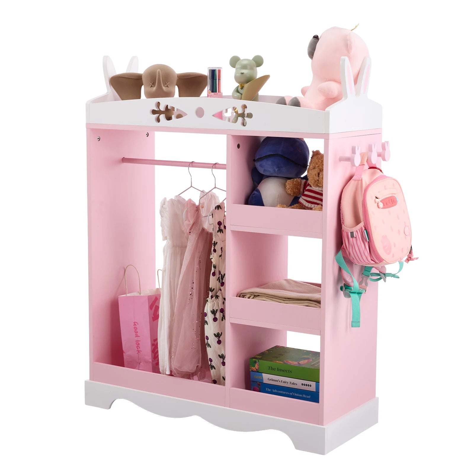MDF Particle Board Painted Veneer Rabbit Ear Design 1 Mirror 3-Layer Shelf 1 Hanging Rod Wardrobe