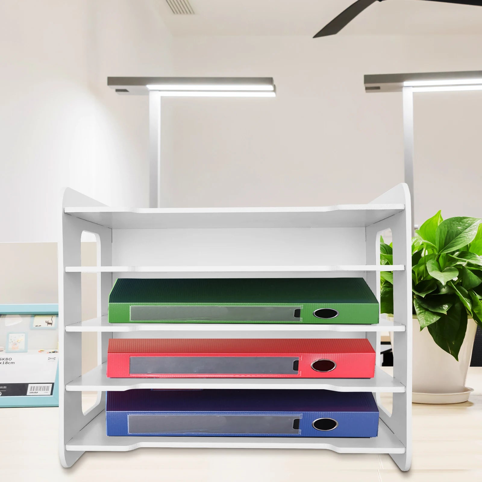 5 Tier PVC Wood-Plastic Desktop Organizer Letter Tray File Rack Stationery Holder Office Desk Storage Shelf with Round Corner