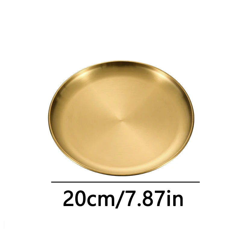 Kitchen Utensils With Shelves Gold Silver Stainless Steel Circular Plates Trays Shallow Bottom Rust Proof Plates Picnic Plate