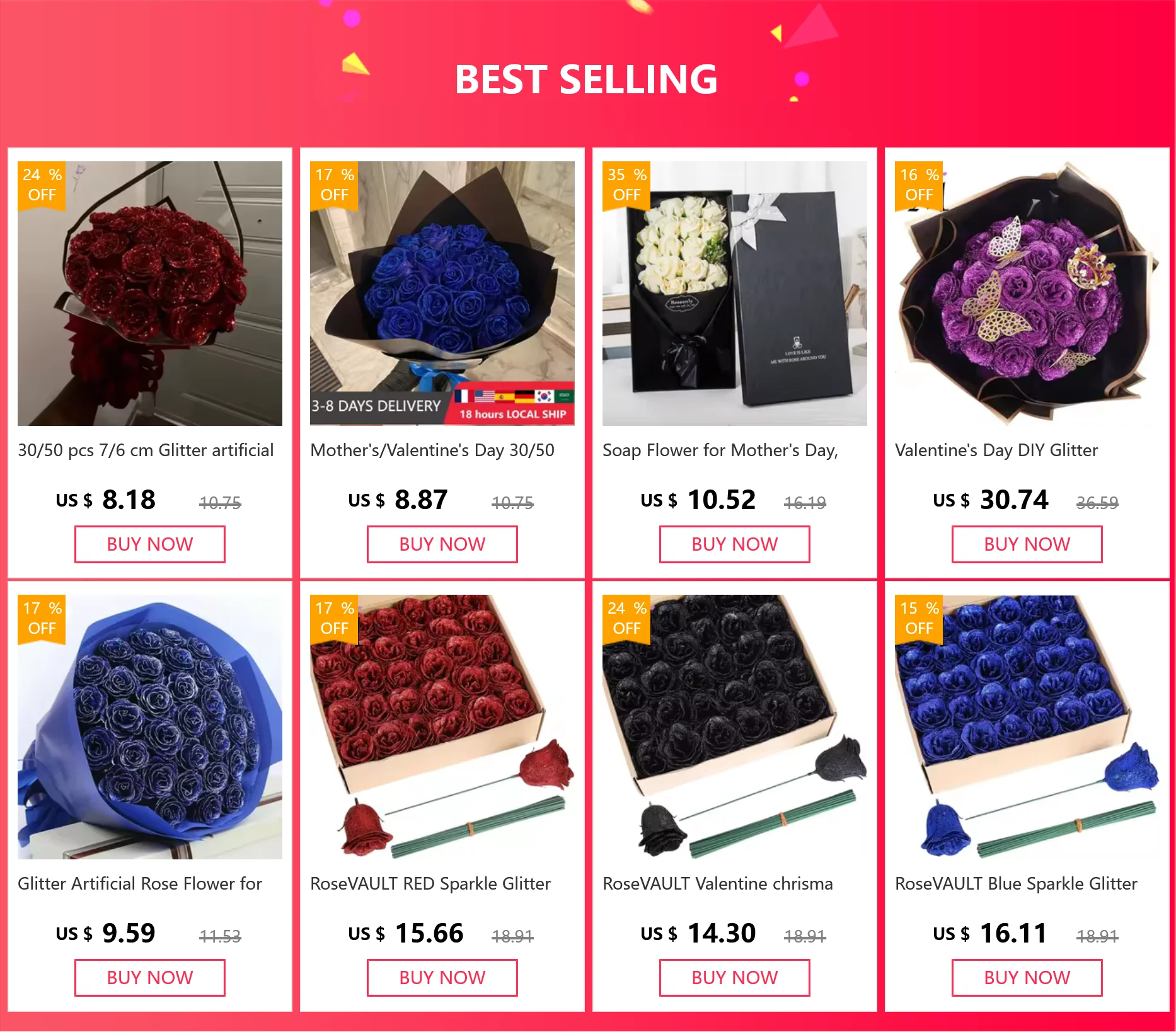 Mother's/Valentine's Day 30/50 pcs 7cm Glitter artificial flower rose girl friend wife DIY bouquet gifts for wedding Birthday