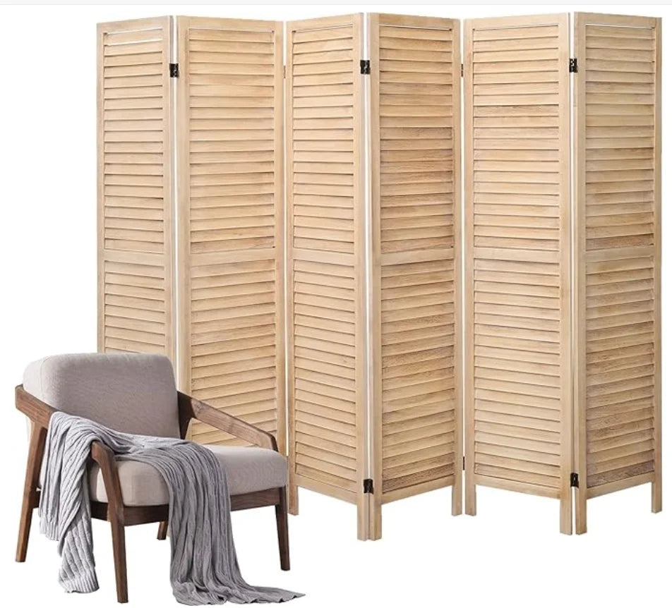 6 Panel Wood Room Divider, Folding Room Divider Privacy Screen, Freestanding Louvered Divider Screen for Home Office Restaurant