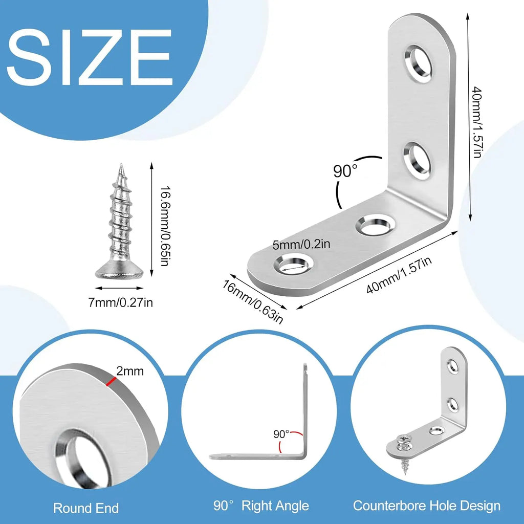 16 Pcs Stainless Steel L Brackets, 90 Degree Corner Braces with Screws for Furniture Shelves Tables