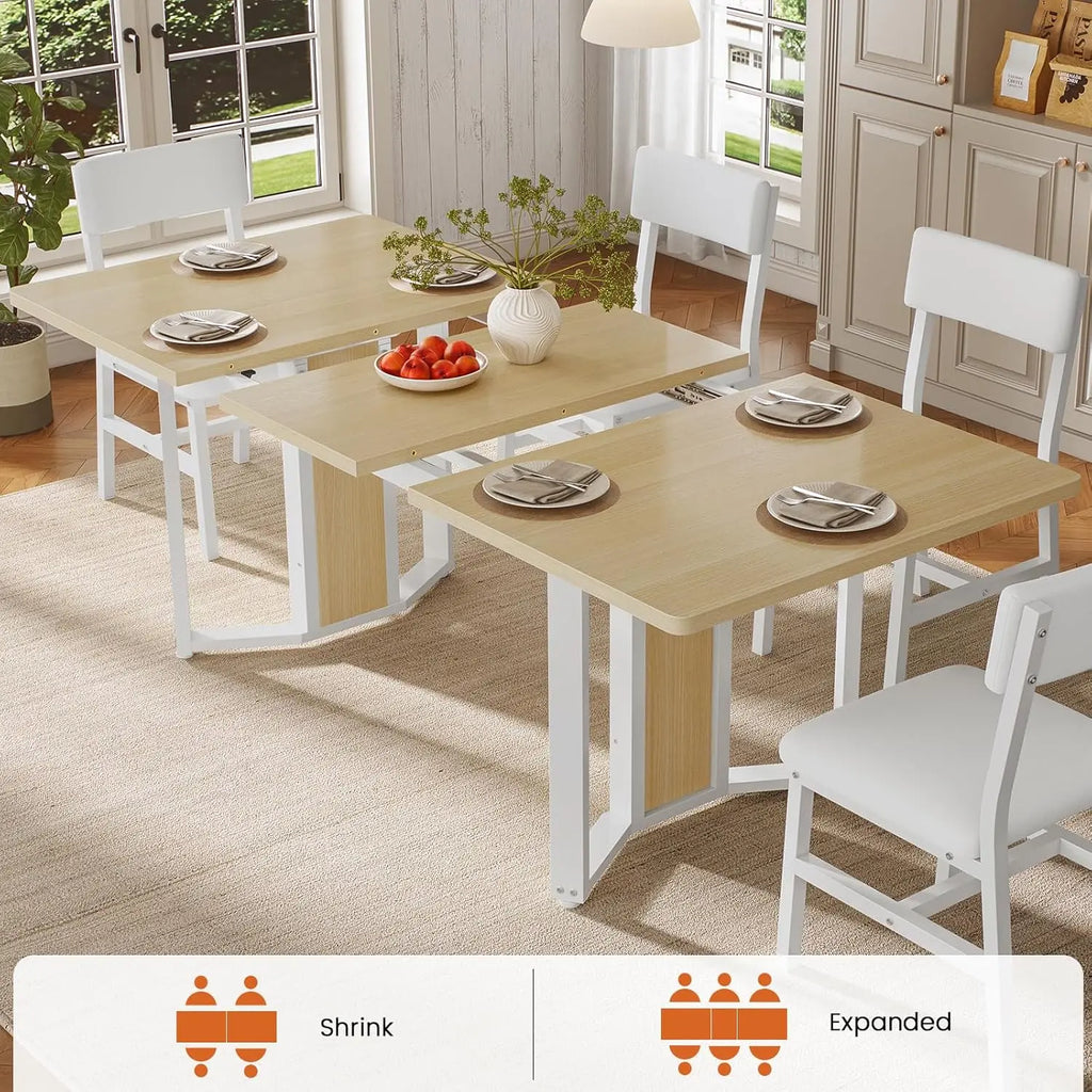 NEW 5-Piece Dining Table Set , 63" Extendable Kitchen Table , Dining Room Table with MDF Board & Metal Frame-Natural