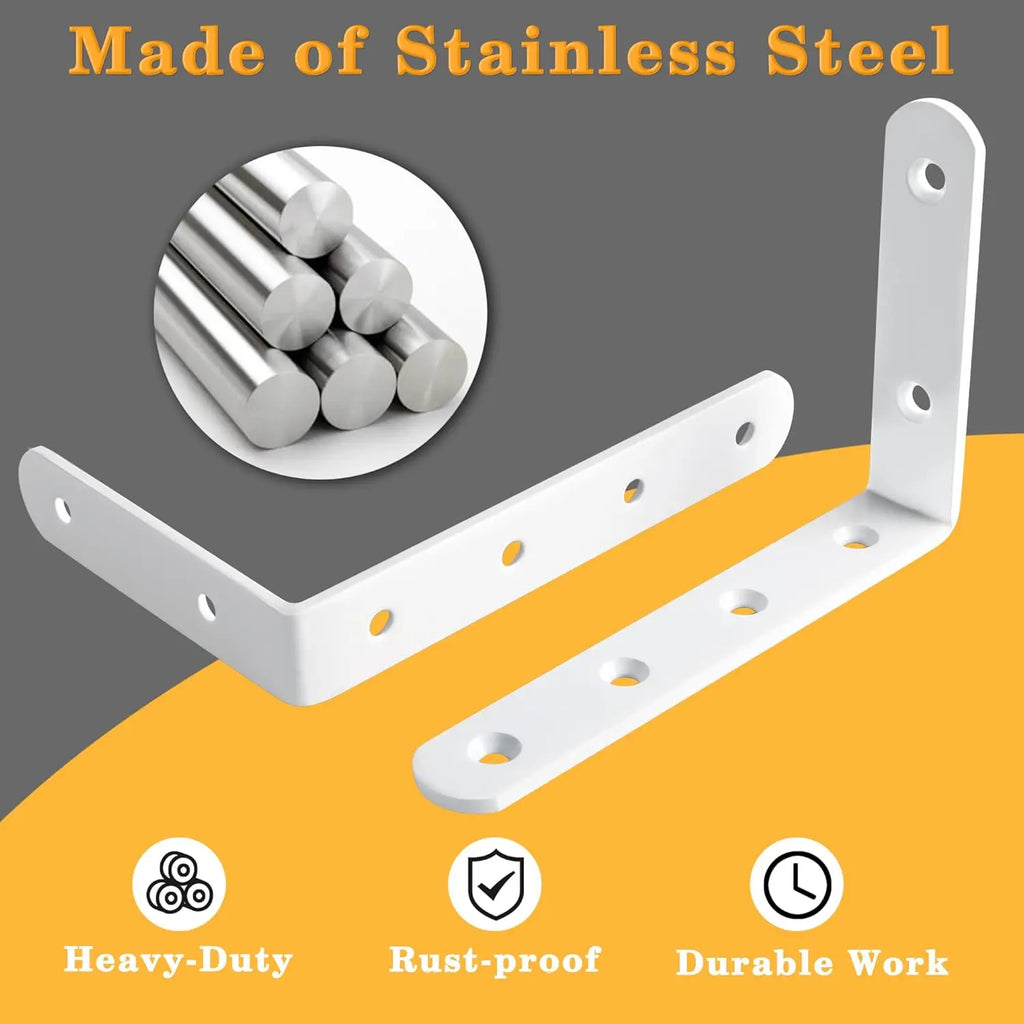 Heavy Duty White L Bracket Shelves, Stainless Steel Corner Brace for Wooden Board Hanging Support, 6x4 Inch (Pack of 4)