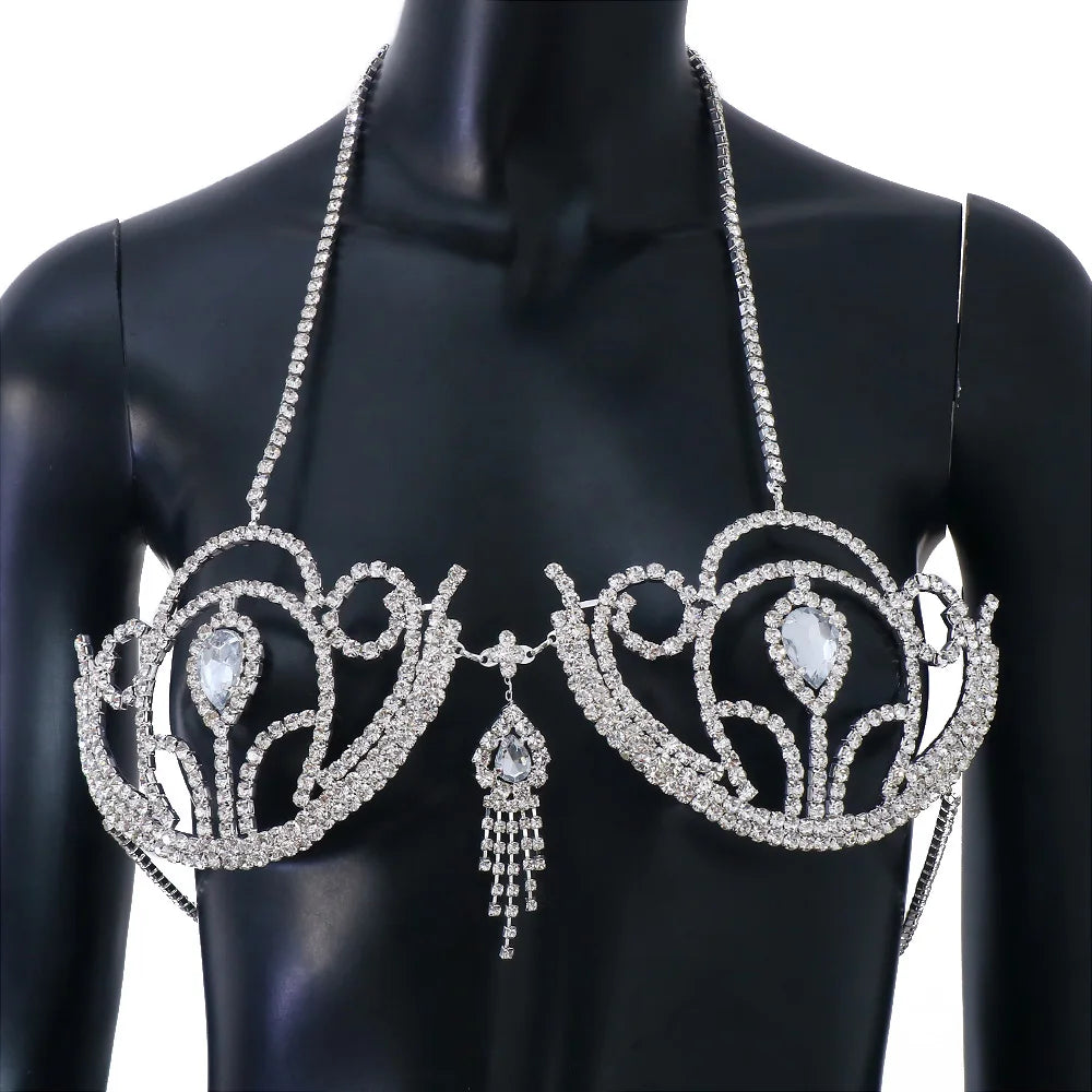 GLAMing Sexy Semicircle Crystal Bikini Tops Chest Bracket Tassel Body Chain Curved Rhinestone Lingerie Bra Women Breast Jewelry