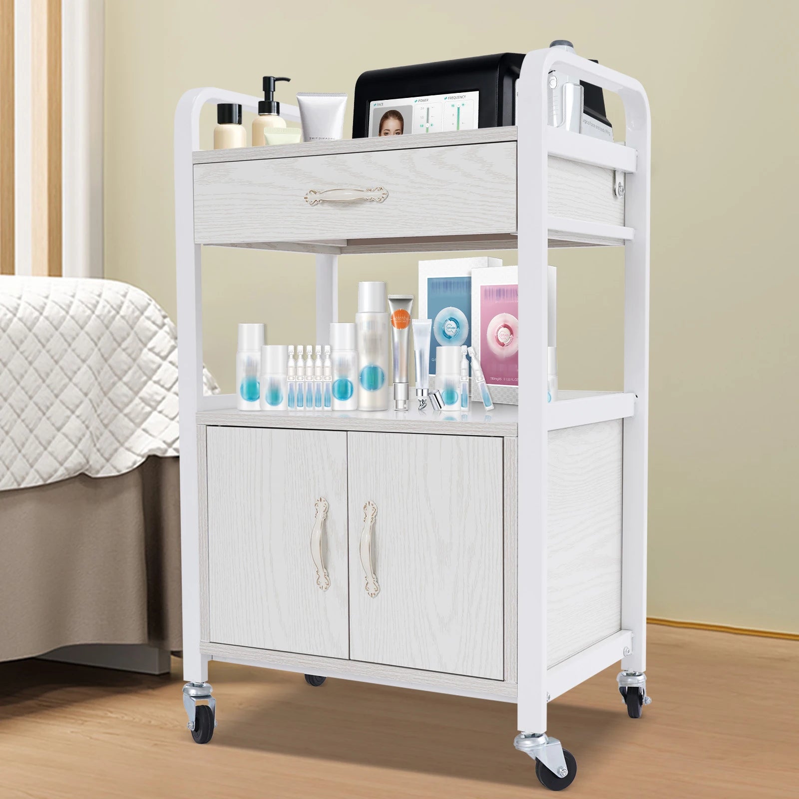 Salon High-density Wood Panels Storage Cart,White Rectangle Free Standing Movable Beauty Organizer 51*33*83cm for Beauty Salons