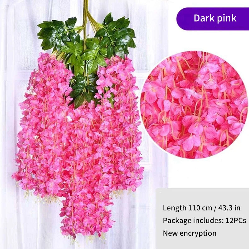Artificial Wisteria Flower Hanging Garland, Rattan Fake Flower, String Flower, Wedding Party, Garden,  Home Wall Decor, 12PCS