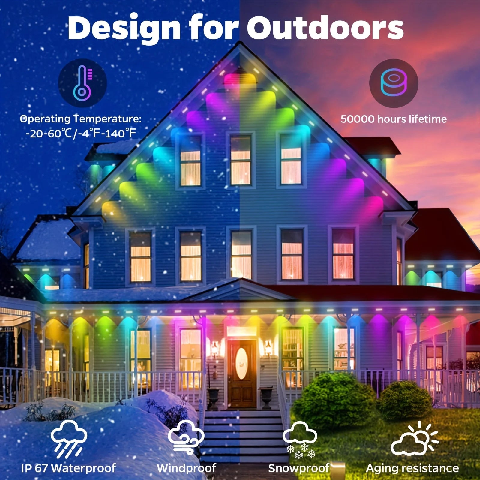 2pcs 100ft Roof Light - 72 RGB+IC LEDs, IP67 Waterproof, Smart Color Control, Christmas Outdoor Decor
