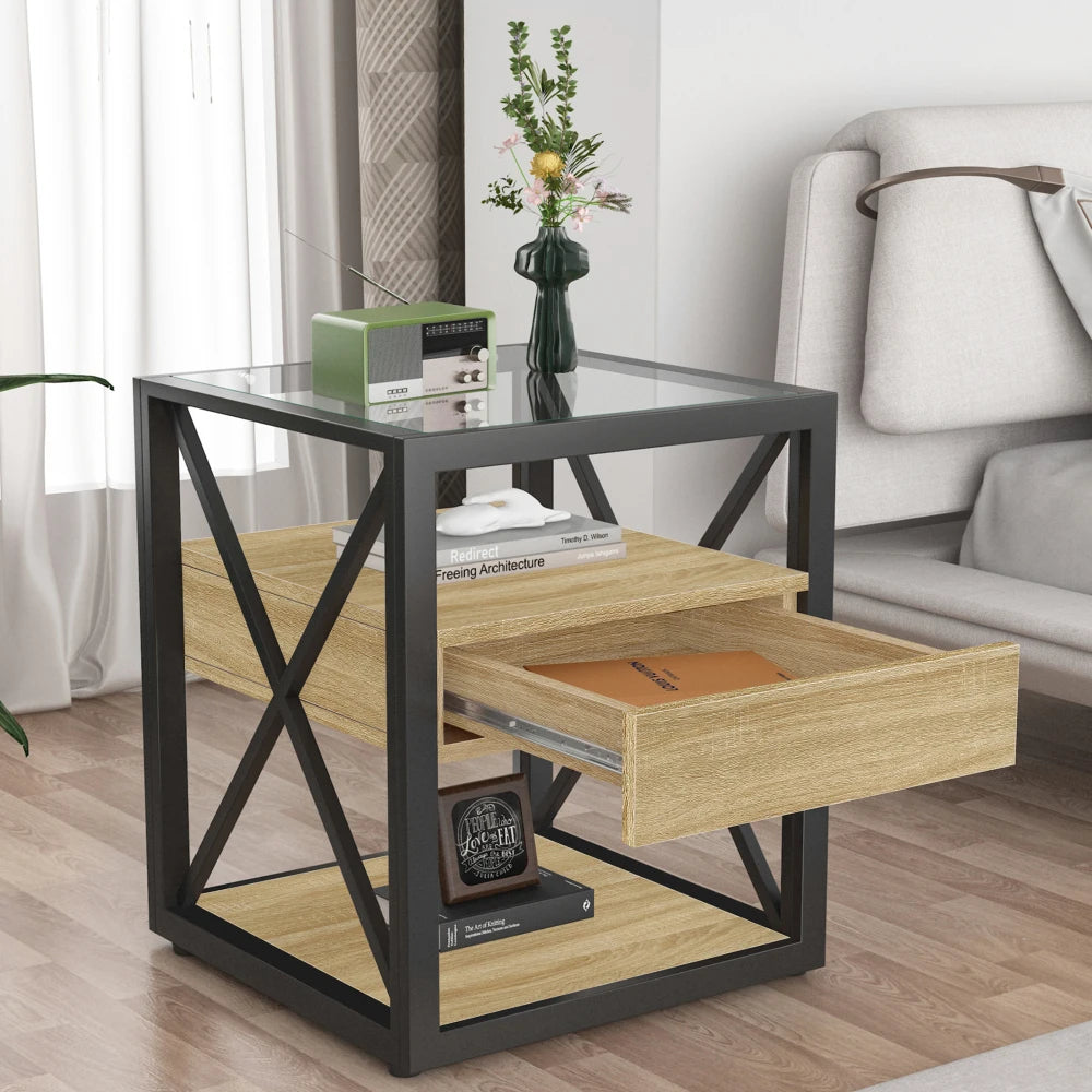 Modern coffee table for Bedroom & Living Room, Tempered Glass&Rustic Wood Grain MDF, Industrial Style coffee table