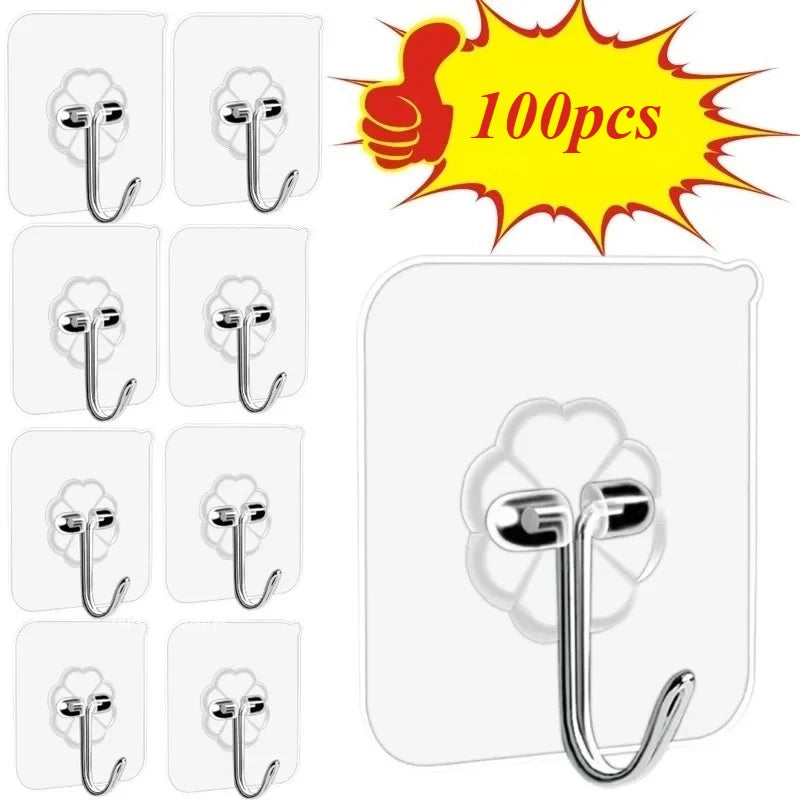 50PCS/100pcs  No Drill Wall Hooks – Heavy Duty 15lb Transparent Adhesive Hooks, Waterproof for Dorm Bathroom & Kitchen