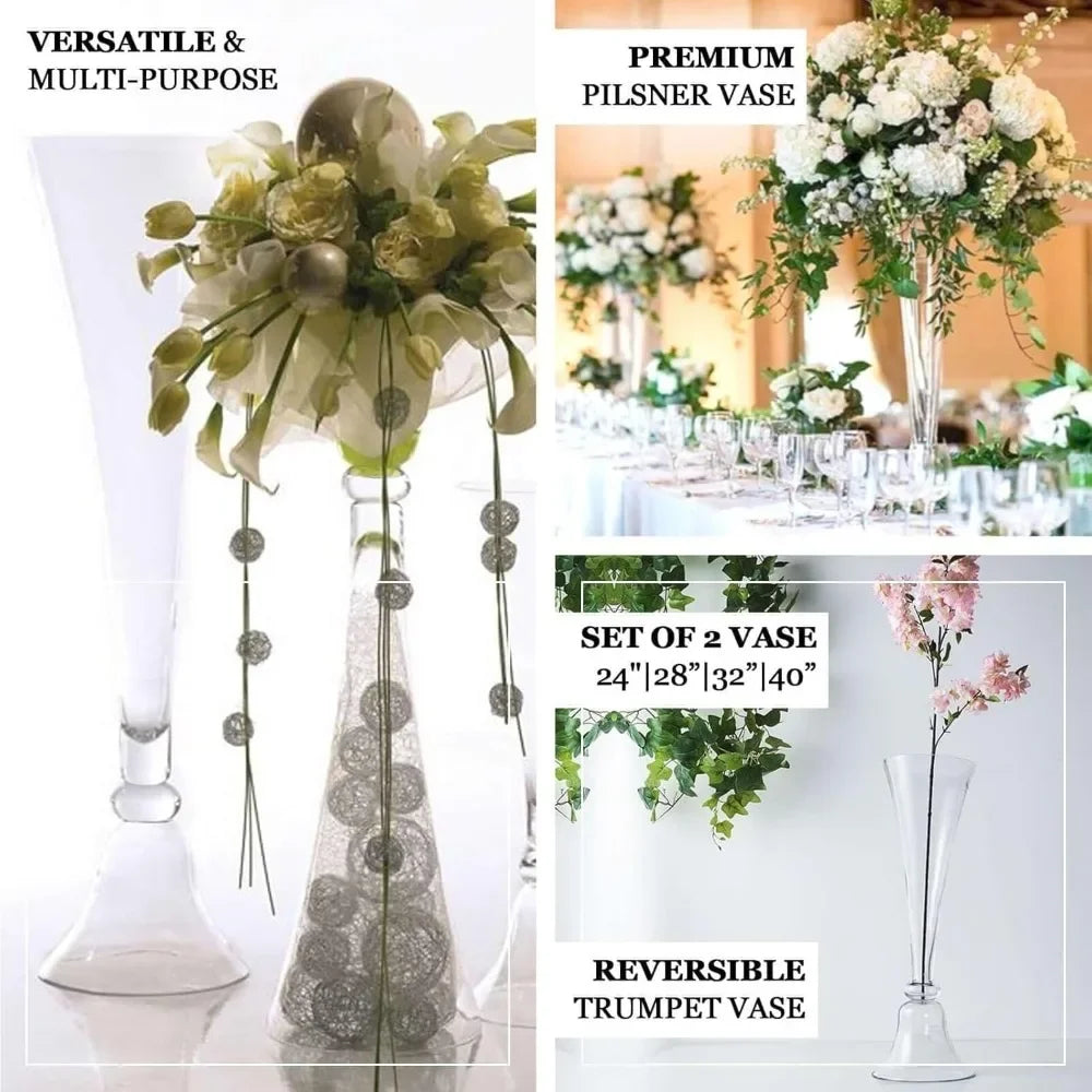 Reversible Clarinet Glass Trumpet Vases Set of 2, 28 Inch Tall, Clear Glass for Weddings, Events, and Home Decor