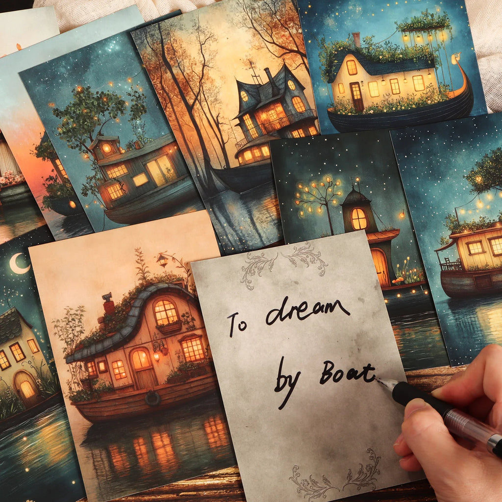 16cards, 4envelopes, 36stickers Moon Boat Double-sided Writable Cardboard Set, for Greetingcard, Scrapbooking Supplies,  Crafts