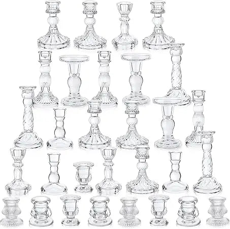 Crystal Taper Candle Holders - 30 Pack Clear Glass Candlestick Holders for 0.8 Inch Candles, Decorative Crystal Candle Accessori
