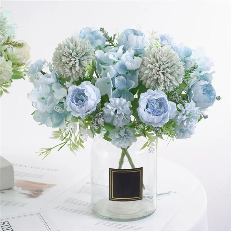 7 Heads Hydrangea Flowers Artificial Bouquet Silk Blooming Fake Peony Bridal Hand Flower Roses Wedding Centerpieces Decor