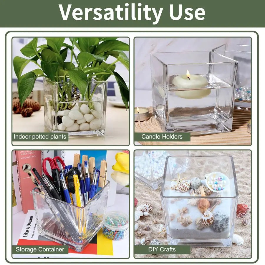 6 Pack Square Glass Vases 5 x 5 x 5 Inch, Clear Cube Flower Vases for Centerpieces, Candle Holders for Wedding Party Home Decor