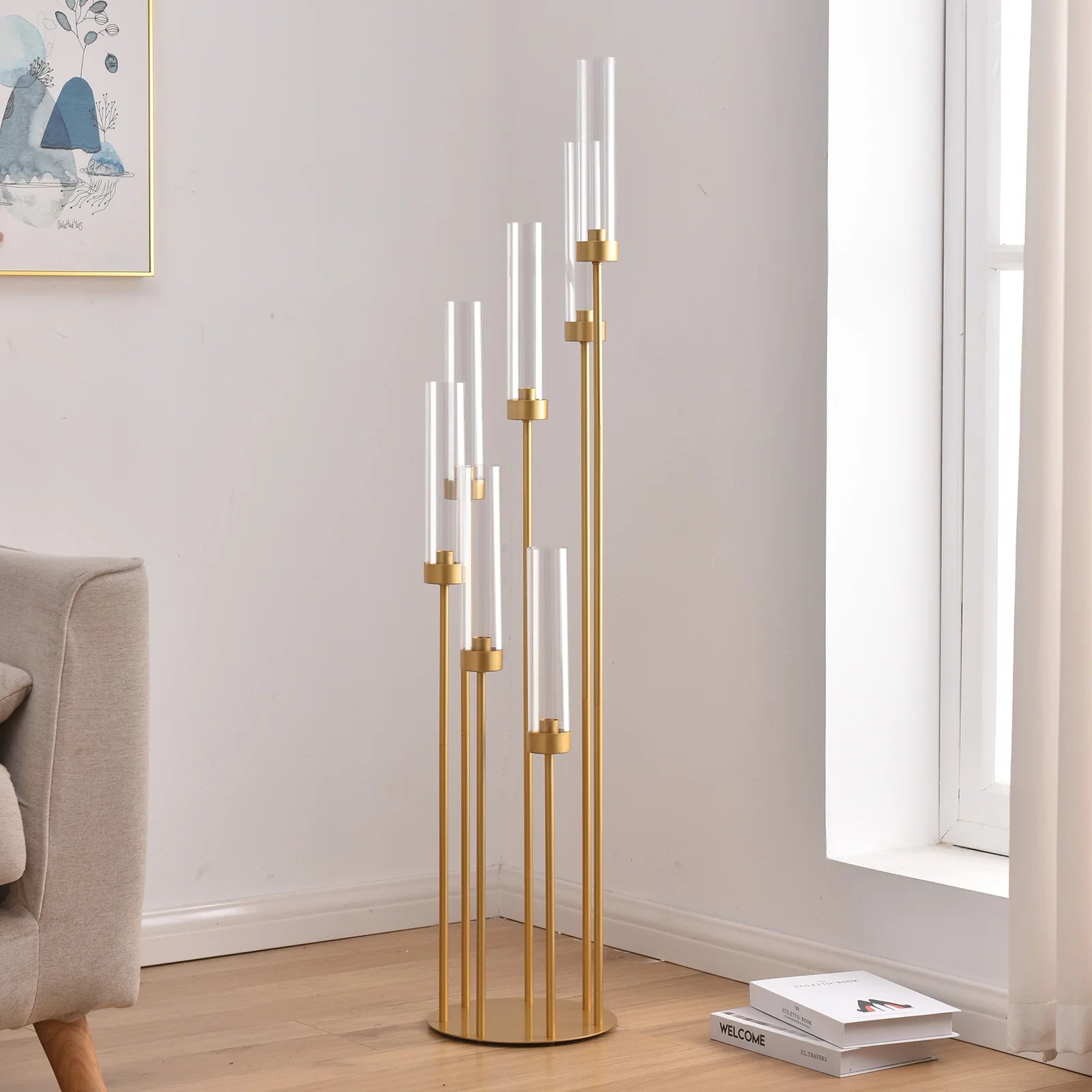 Floor Candle Holders for Wedding Metal 7 Arms Candelabra with Clear Acrylic Shade for Table Centerpiece(48 Inche)