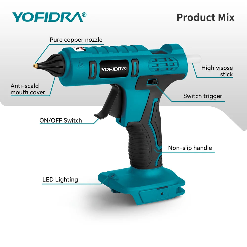 YOFIDRA 260° Cordless Electric Hot Glue Gun 100W High Temperature Industrial Mini Glue Guns Thermo Tool For Makita Battery Pin