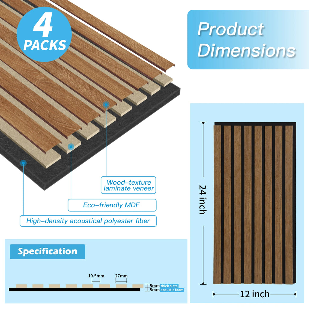 Art3d  4-Panels, Textured Wood-Look 3D Wall & Ceiling Tiles Noise Insulating MDF Grille Design,Acoustic Panels, 24" x 12"