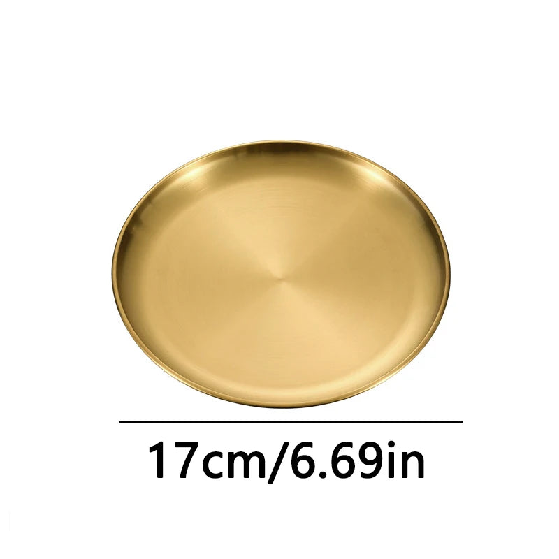 Kitchen Utensils With Shelves Gold Silver Stainless Steel Circular Plates Trays Shallow Bottom Rust Proof Plates Picnic Plate