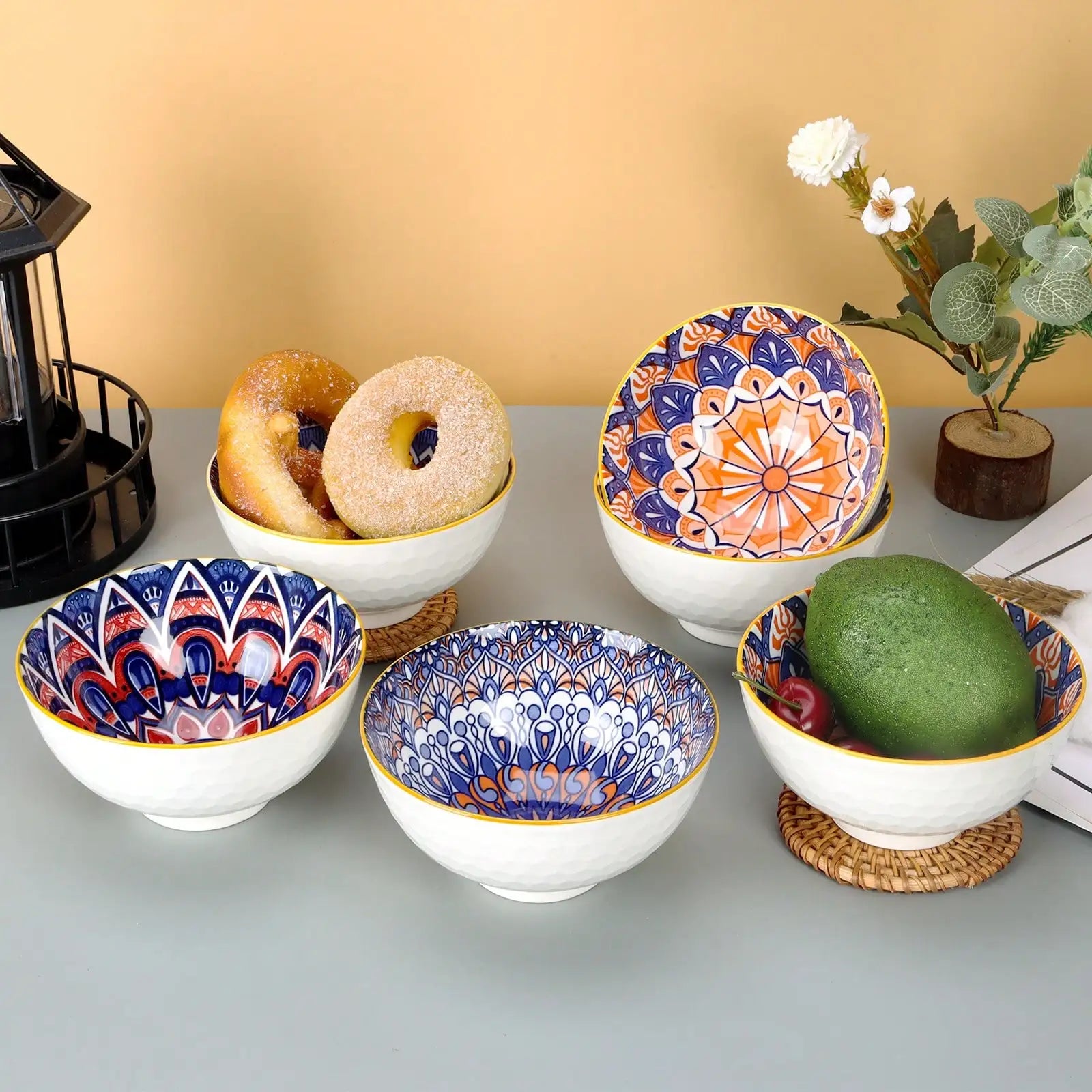 6Pcs 10Oz Bohemian Ceramic Bowl Set Microwave Safe Cereal Soup Salad Gift Bowls