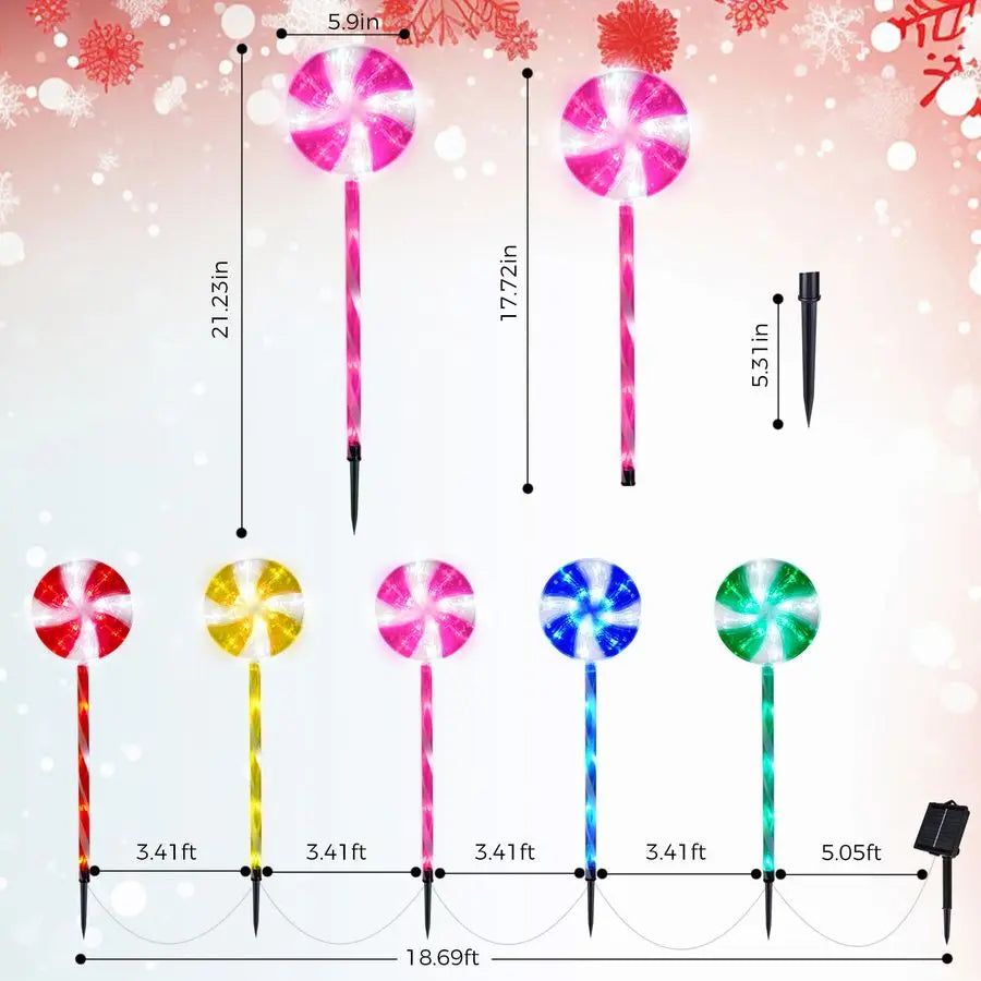 Christmas Decorations Solar Pathway Lights, Set of 5 Lollipops Peppermint Stake Lights, 8 Modes Candy Cane Walkside Lights, Outd