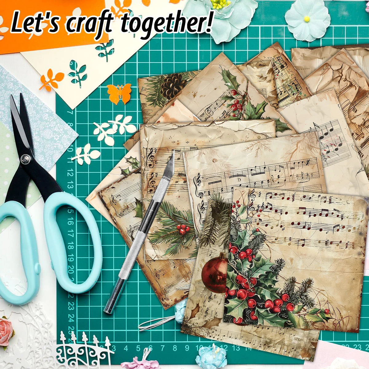 12pc Vintage Christmas Old Music Sheet Scrapbook Paper Set,Retro Christmas Collection Kit Paper for Junk Journal DIY Card Making