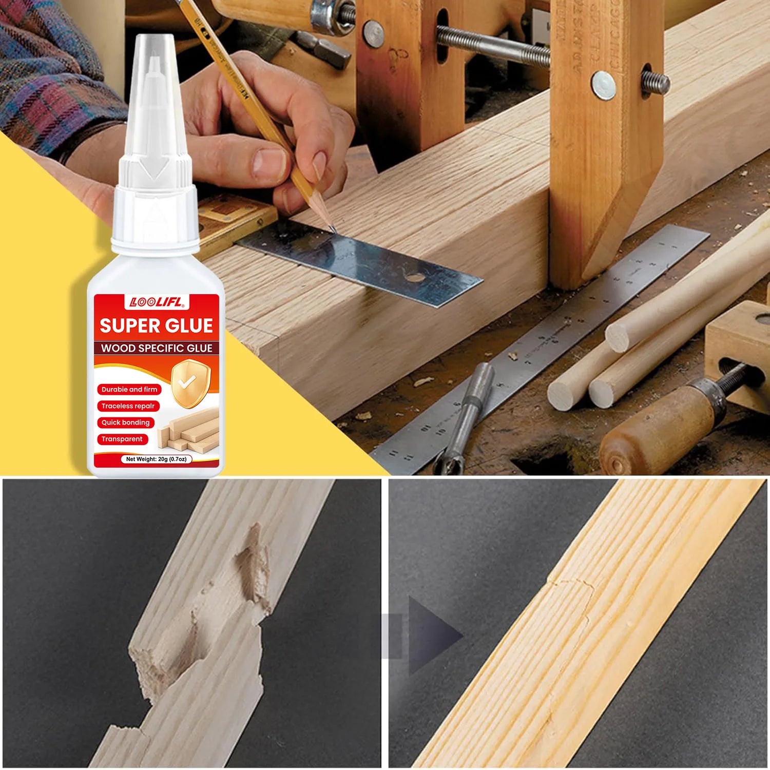 20g fast drying wood glue - transparent and residue free, suitable for wooden furniture and DIY crafts, ideal for wood repair