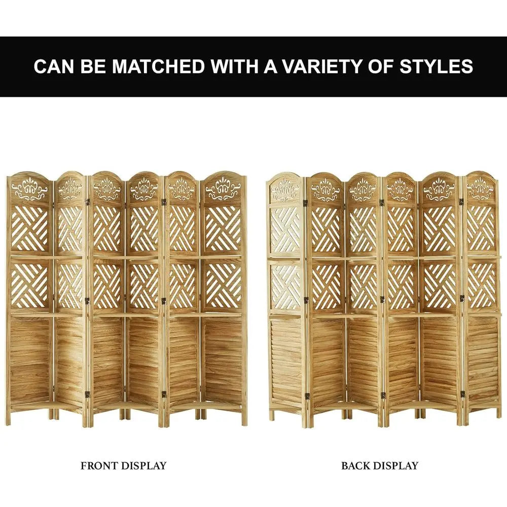 68.9 Natural Wood Carved Louvered 6-Panel Folding Room Divider with Shelves for Home Office