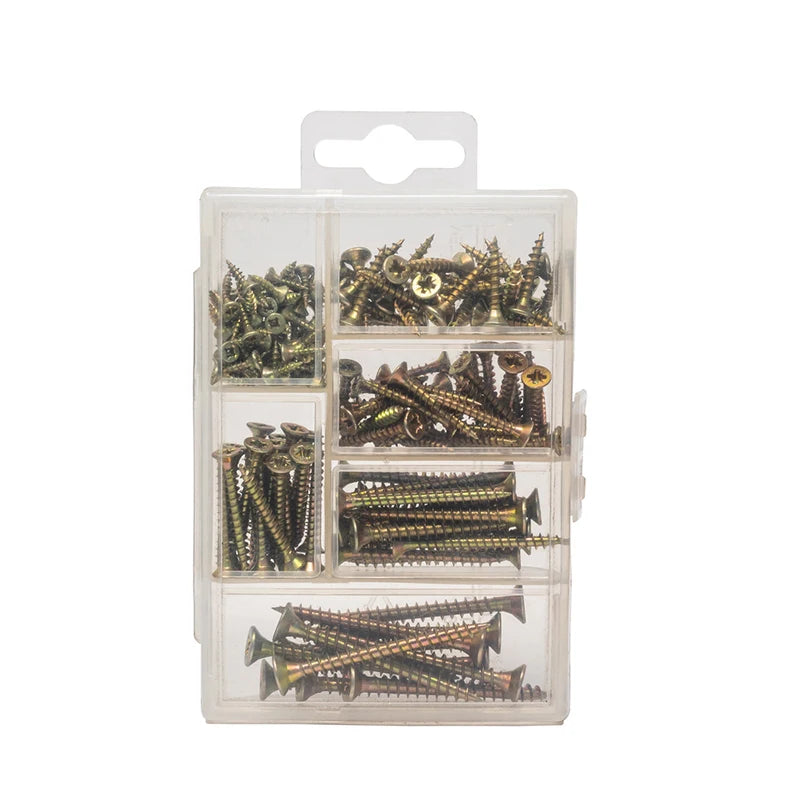 T.K.Excellent 140Pcs Flat Head Phillips Yellow Zinc Wood Screws Assortment Kit Woodworking 6 Sizes