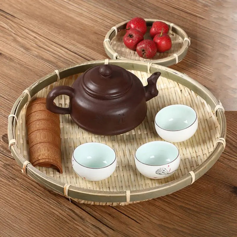 5Pcs Bamboo Basket Woven Fruit Dish Bread Tray for Dinner Serving Plate Handmade Round Sundries Container Kitchen Storage Tray