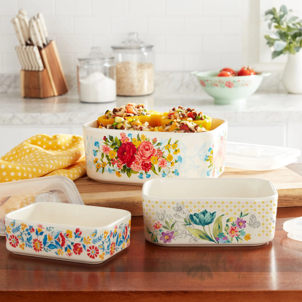 Sweet Rose Ceramic Nesting Bowls 6-Piece Set with Lids, Vintage Stoneware for Kitchen Prep & Storage