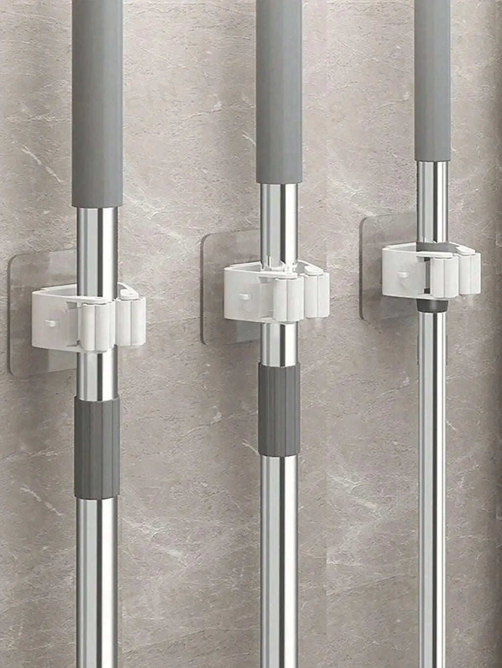 No-Drill Mop Holder: 3 Strong Wall Hooks with Clamp,Space-Saving Storage in Kitchen, Bathroom，hang showerhead/broom/rag