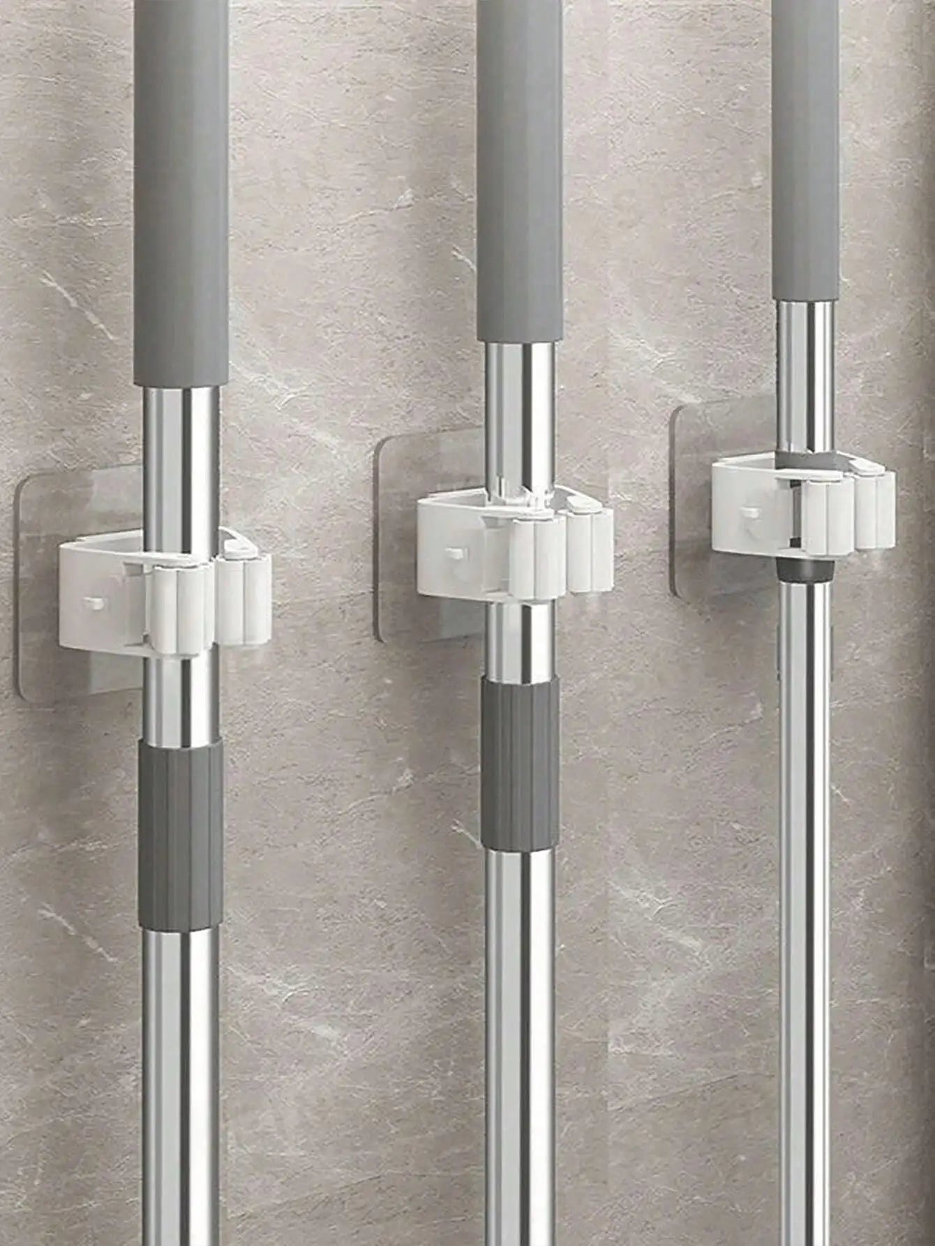 No-Drill Mop Holder: 3 Strong Wall Hooks with Clamp,Space-Saving Storage in Kitchen, Bathroom，hang showerhead/broom/rag