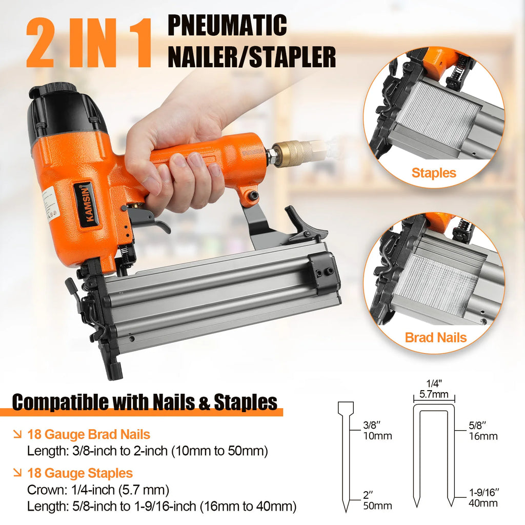 F50/9040 Pneumatic Brad Nailer, 2 in 1 Nail Gun Staple Gun Fires 18 Gauge 2" Brad Nails and 1/4" Crown 1-5/8" Staples with Carry